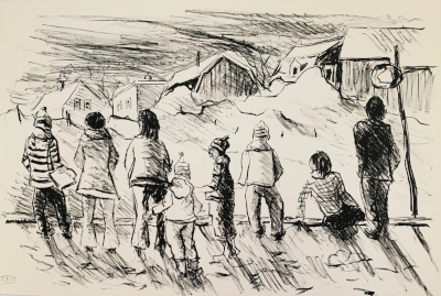 Untitled (kids waiting) lithograph