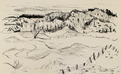 Untitled (Landscape with a farm) lithograph