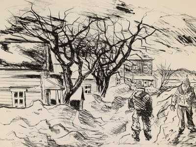 Village street scene with two boys