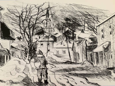 Village street scene with a boy