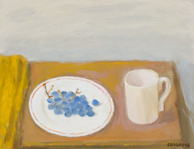 Blue Grapes on Red-Bordered Plate